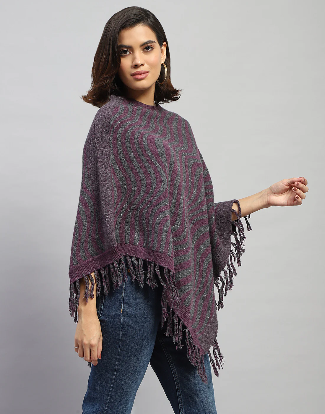 Women Purple Self Design Round Neck  Poncho - Image 4