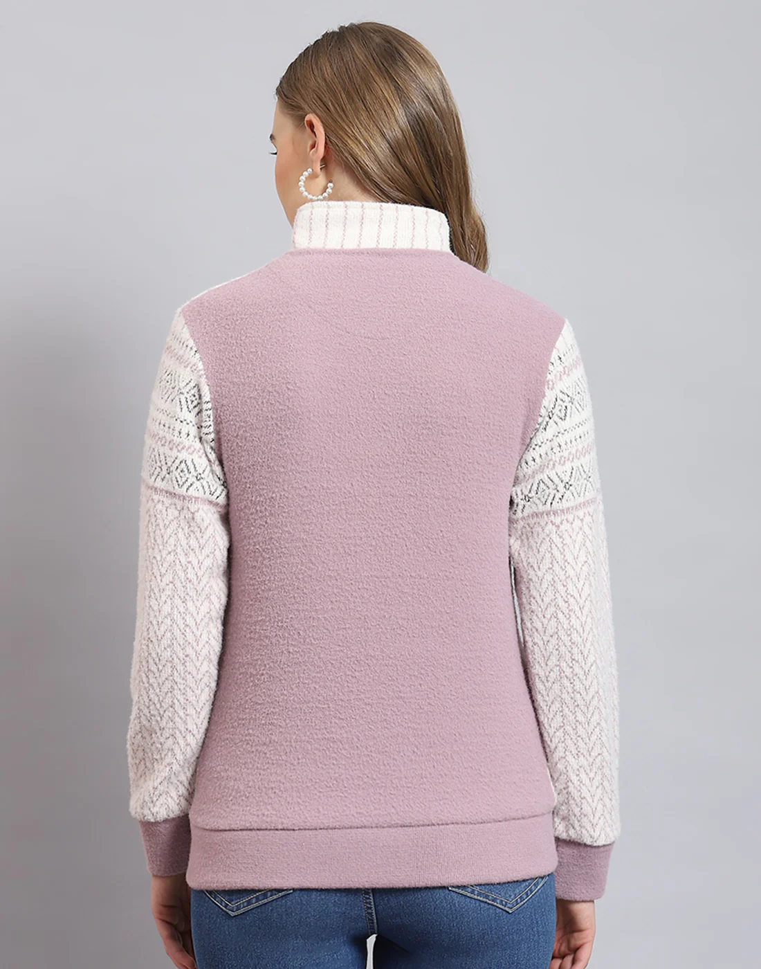 Women Purple Self Design Stand Collar Full Sleeve Sweatshirt - Image 2