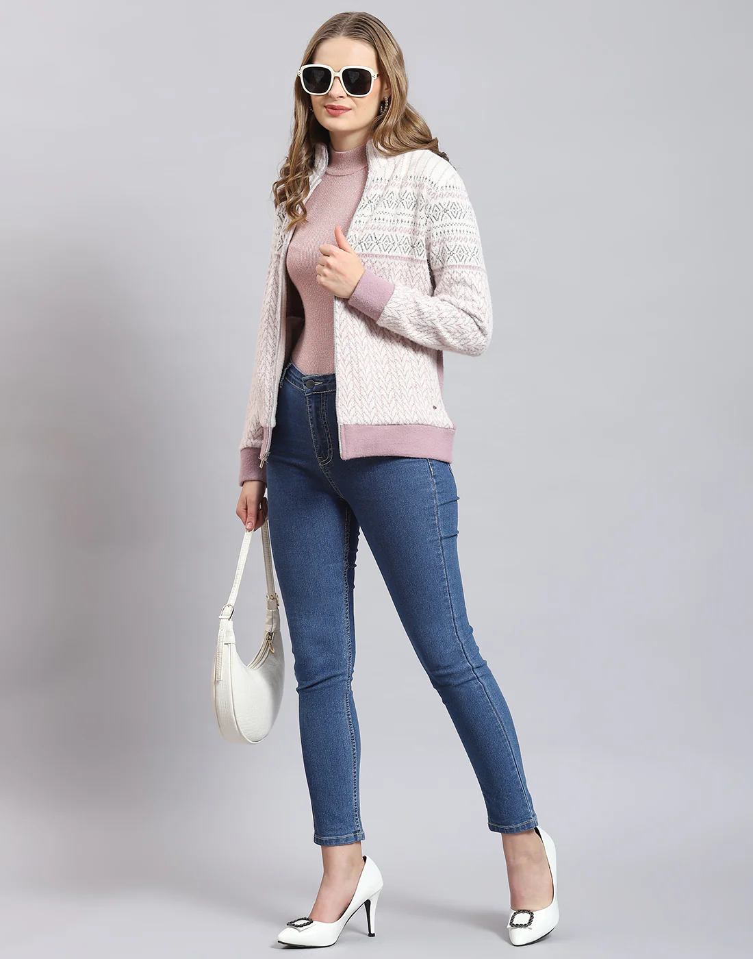 Women Purple Self Design Stand Collar Full Sleeve Sweatshirt - Image 3