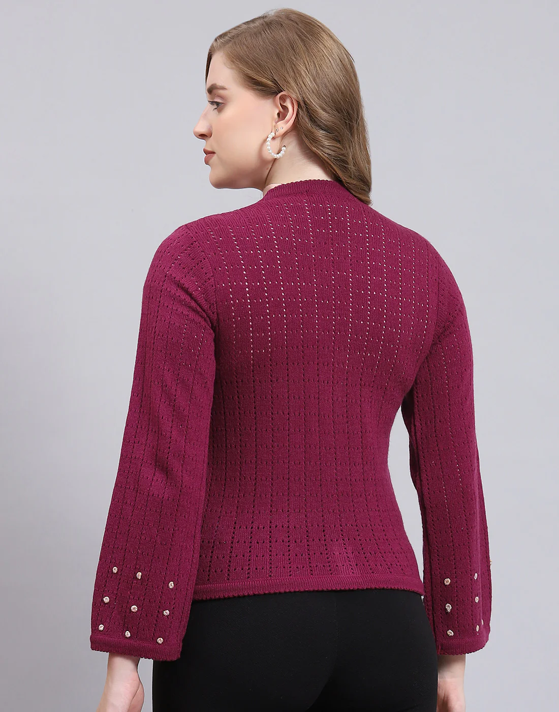 Women Purple Self Design V Neck Full Sleeve Cardigan - Image 6