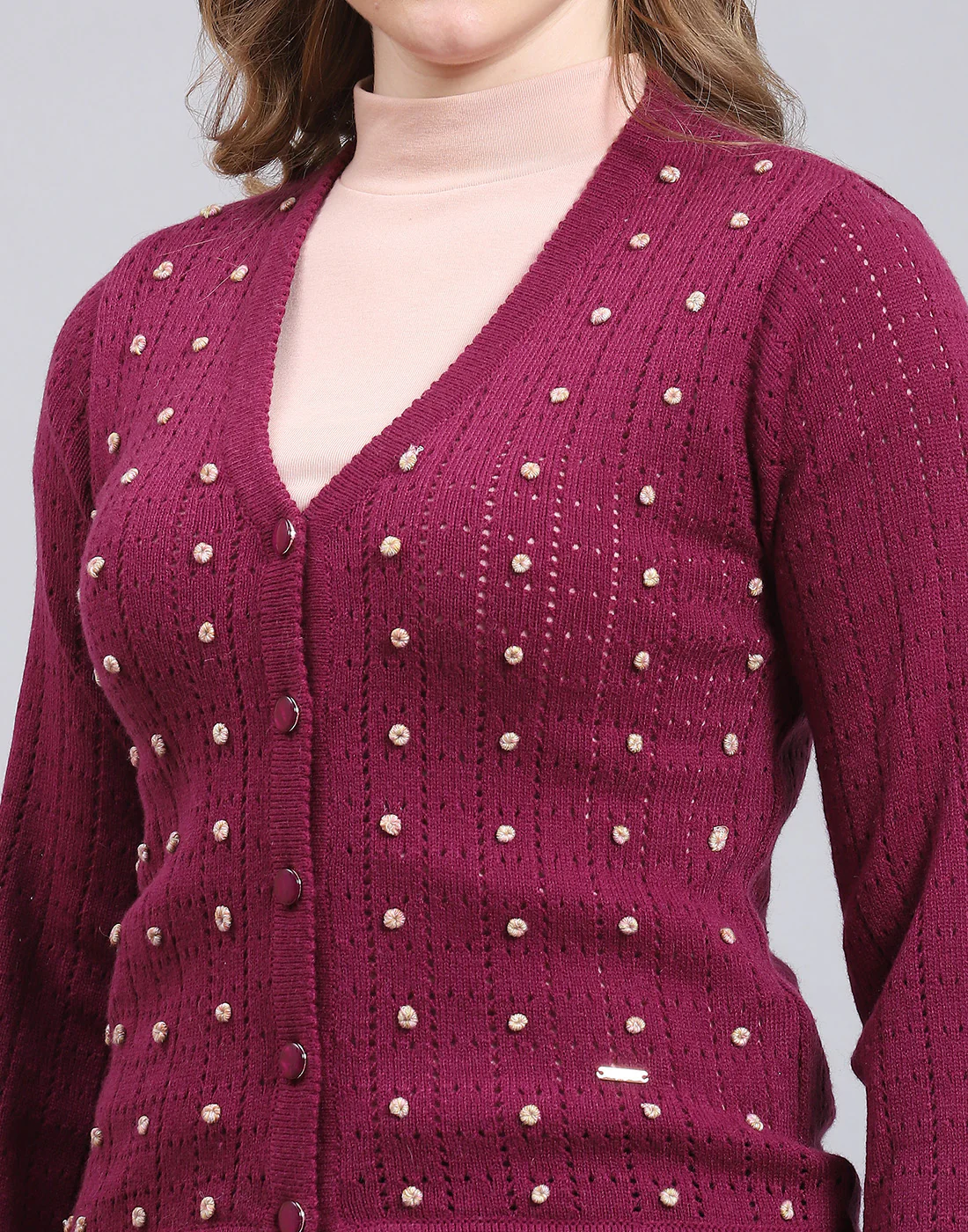Women Purple Self Design V Neck Full Sleeve Cardigan - Image 7