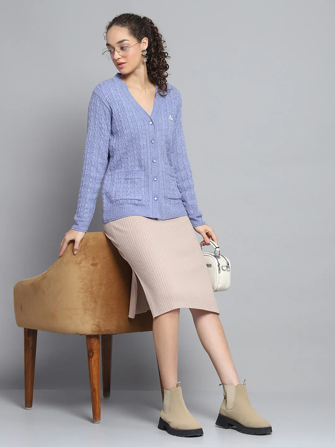 Women Purple Self Design V Neck Full Sleeve Cardigan - Image 2