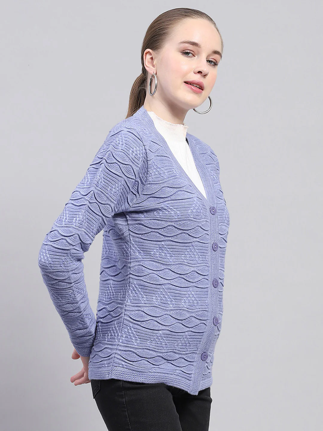 Women Purple Self Design V Neck Full Sleeve Cardigan - Image 3