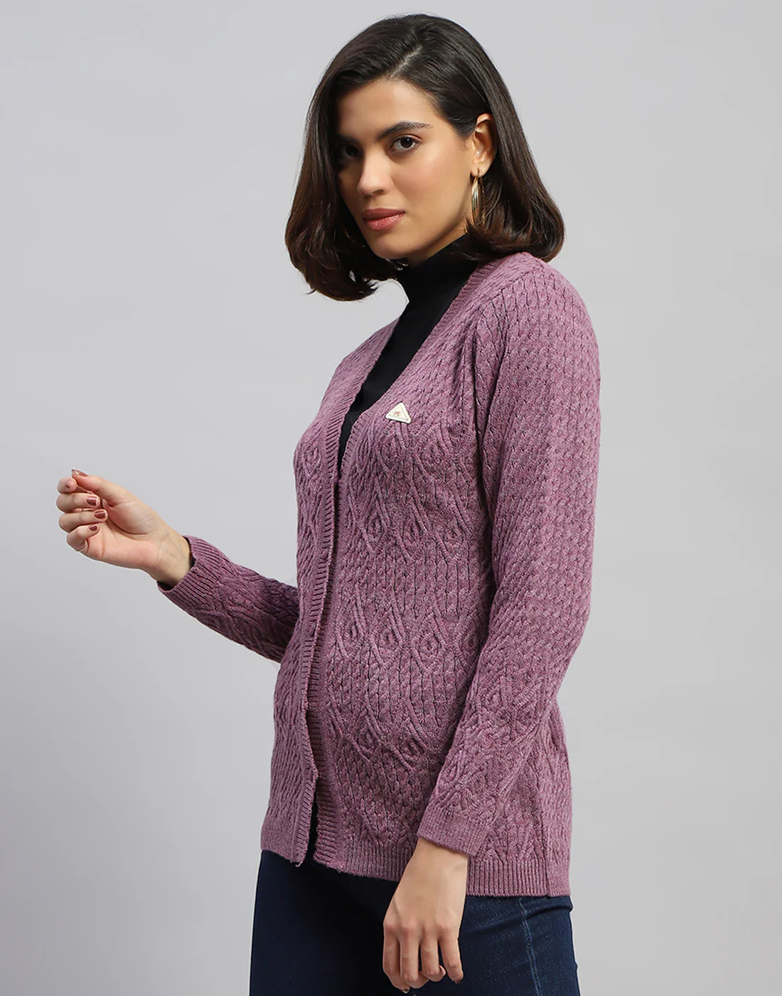 Women Purple Self Design V Neck Full Sleeve Cardigan - Image 3