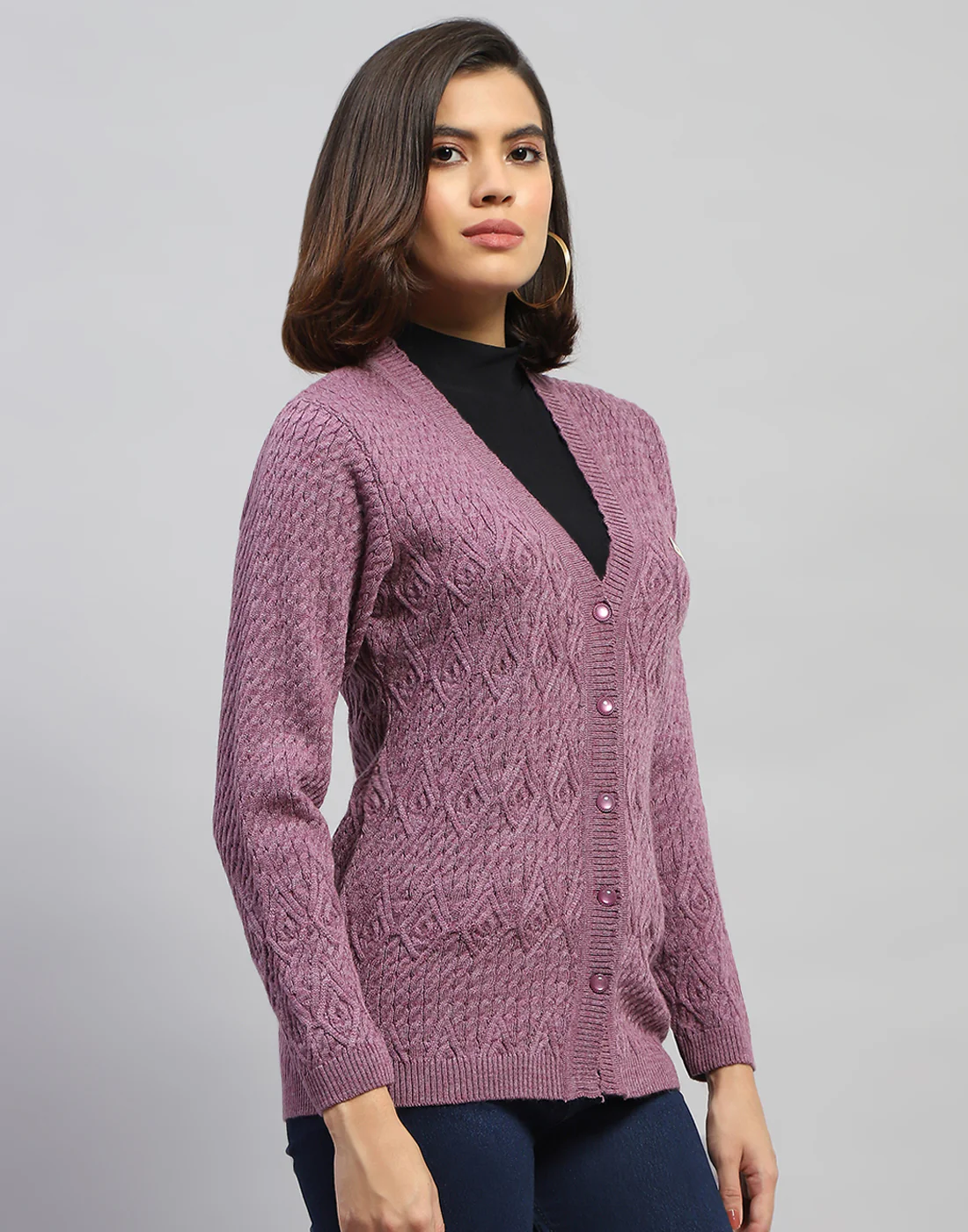 Women Purple Self Design V Neck Full Sleeve Cardigan - Image 4
