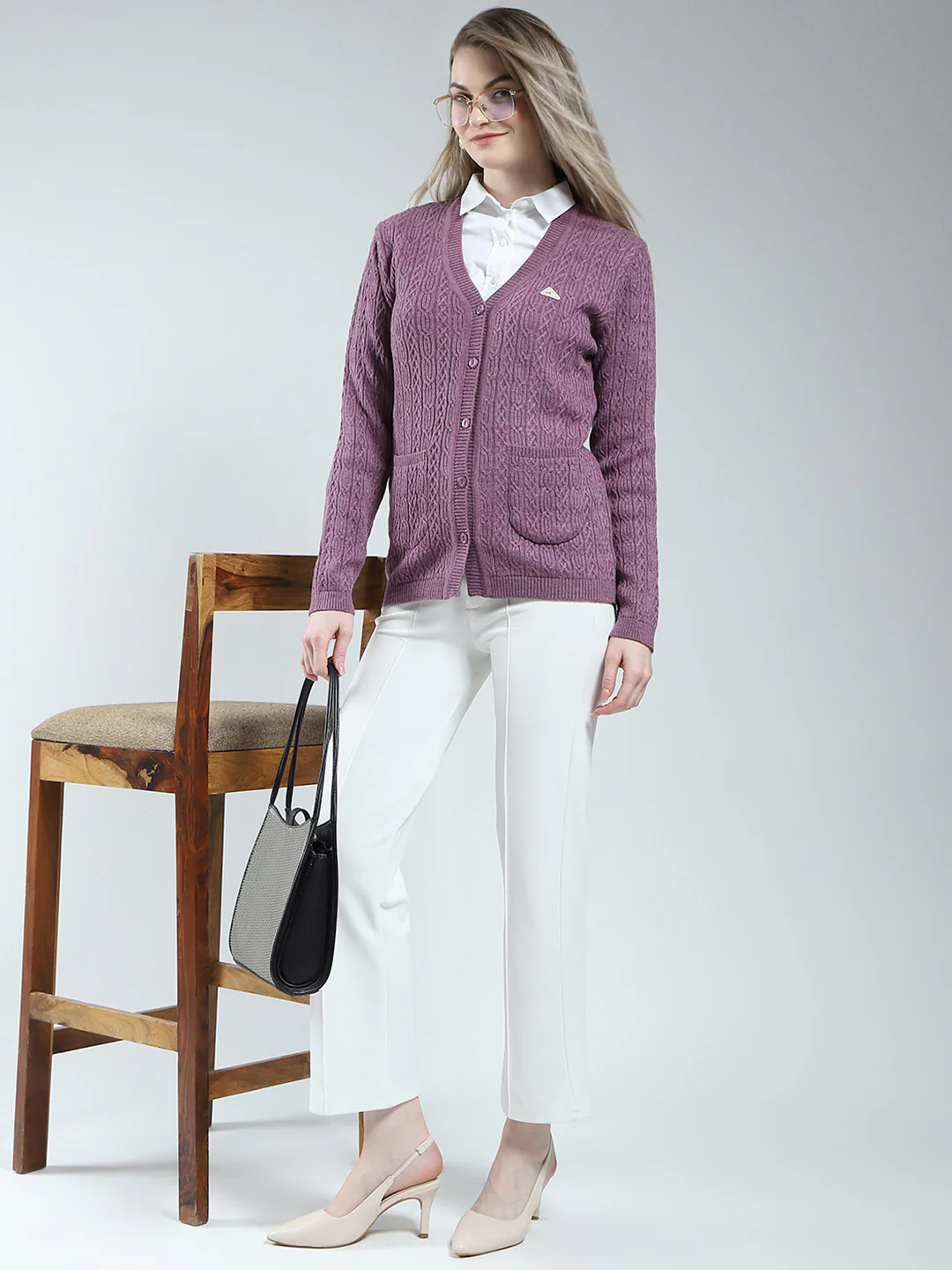 Women Purple Self Design V Neck Full Sleeve Cardigan - Image 2