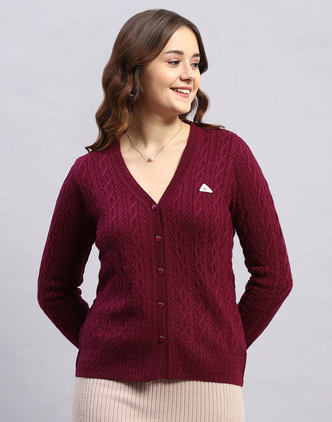 Women Purple Self Design V Neck Full Sleeve Cardigan - Image 2