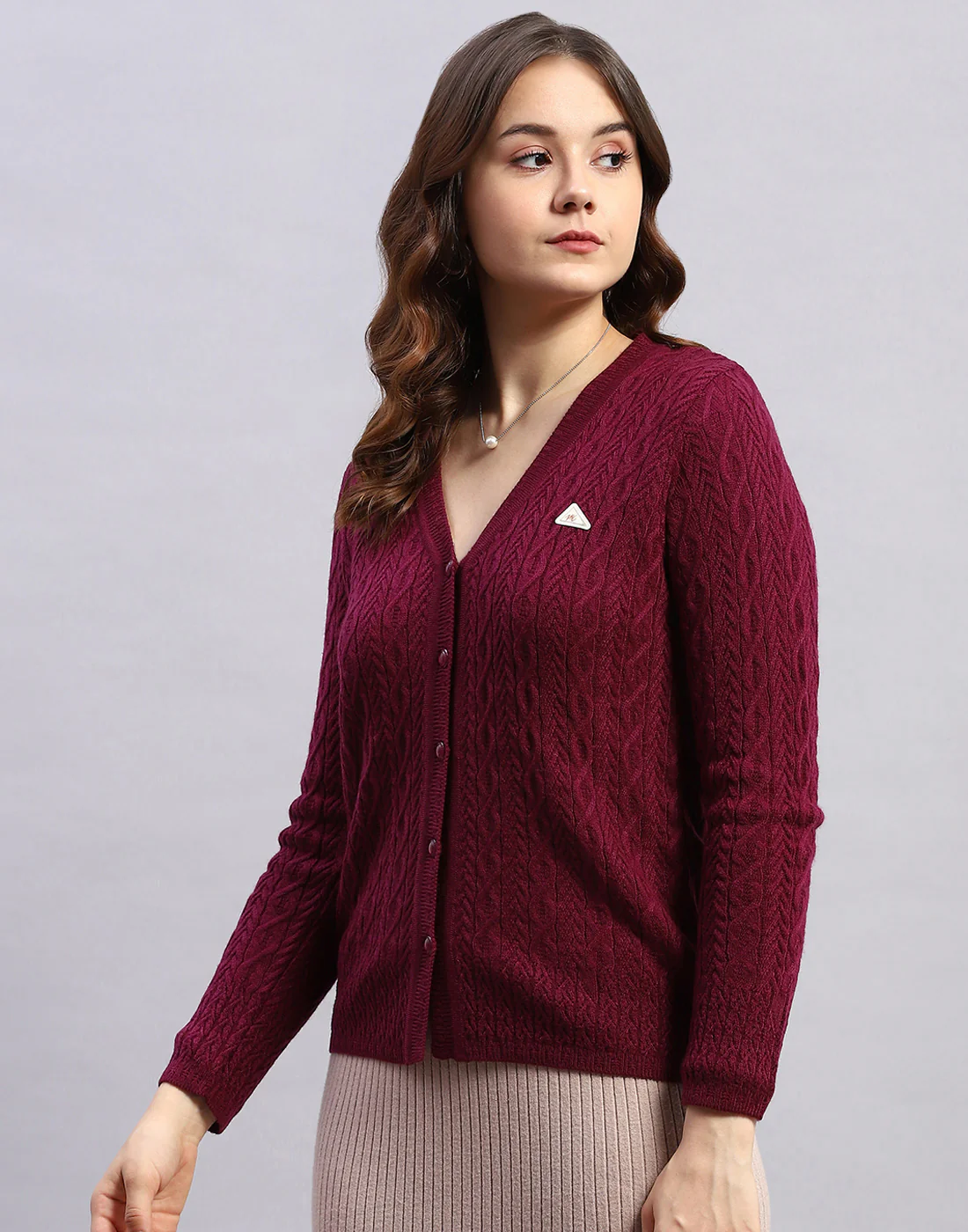 Women Purple Self Design V Neck Full Sleeve Cardigan - Image 3