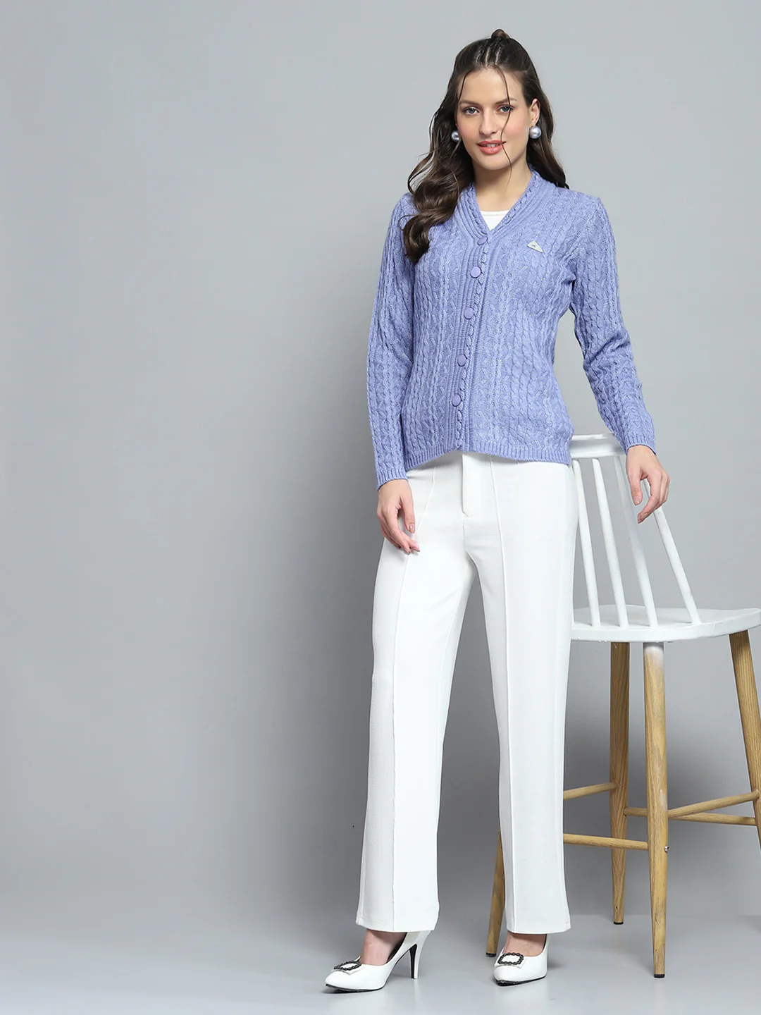 Women Purple Self Design V Neck Full Sleeve Cardigan - Image 2