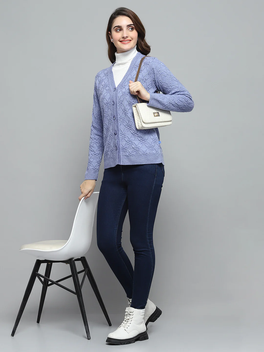 Women Purple Self Design V Neck Full Sleeve Cardigan - Image 2