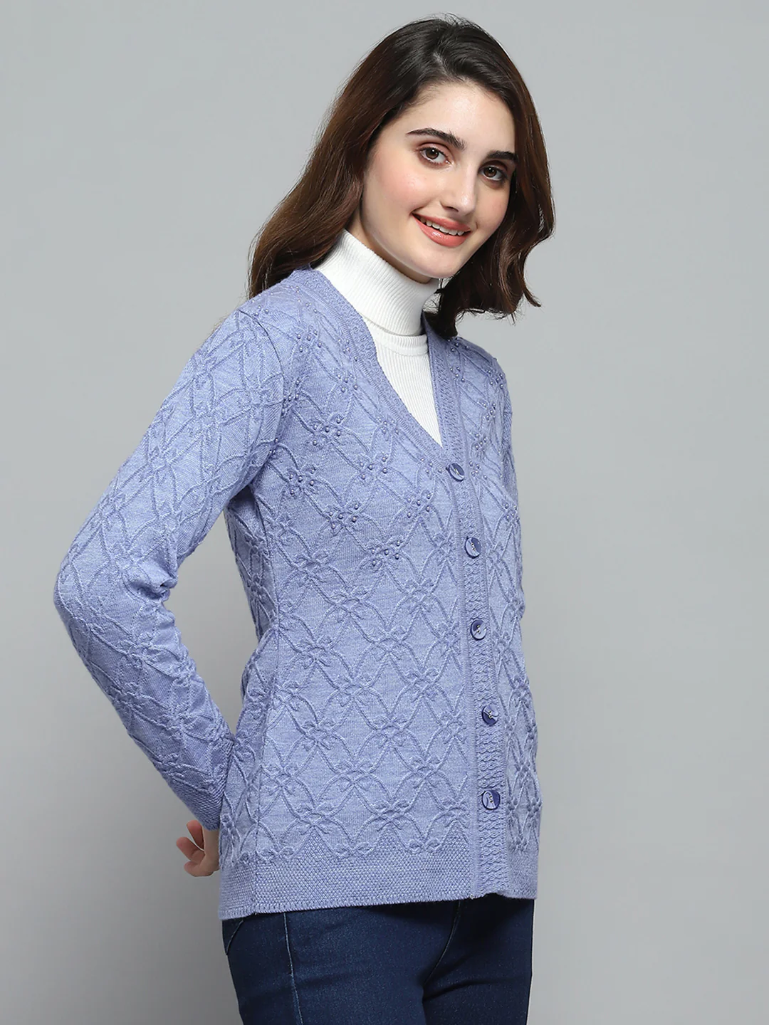 Women Purple Self Design V Neck Full Sleeve Cardigan - Image 4