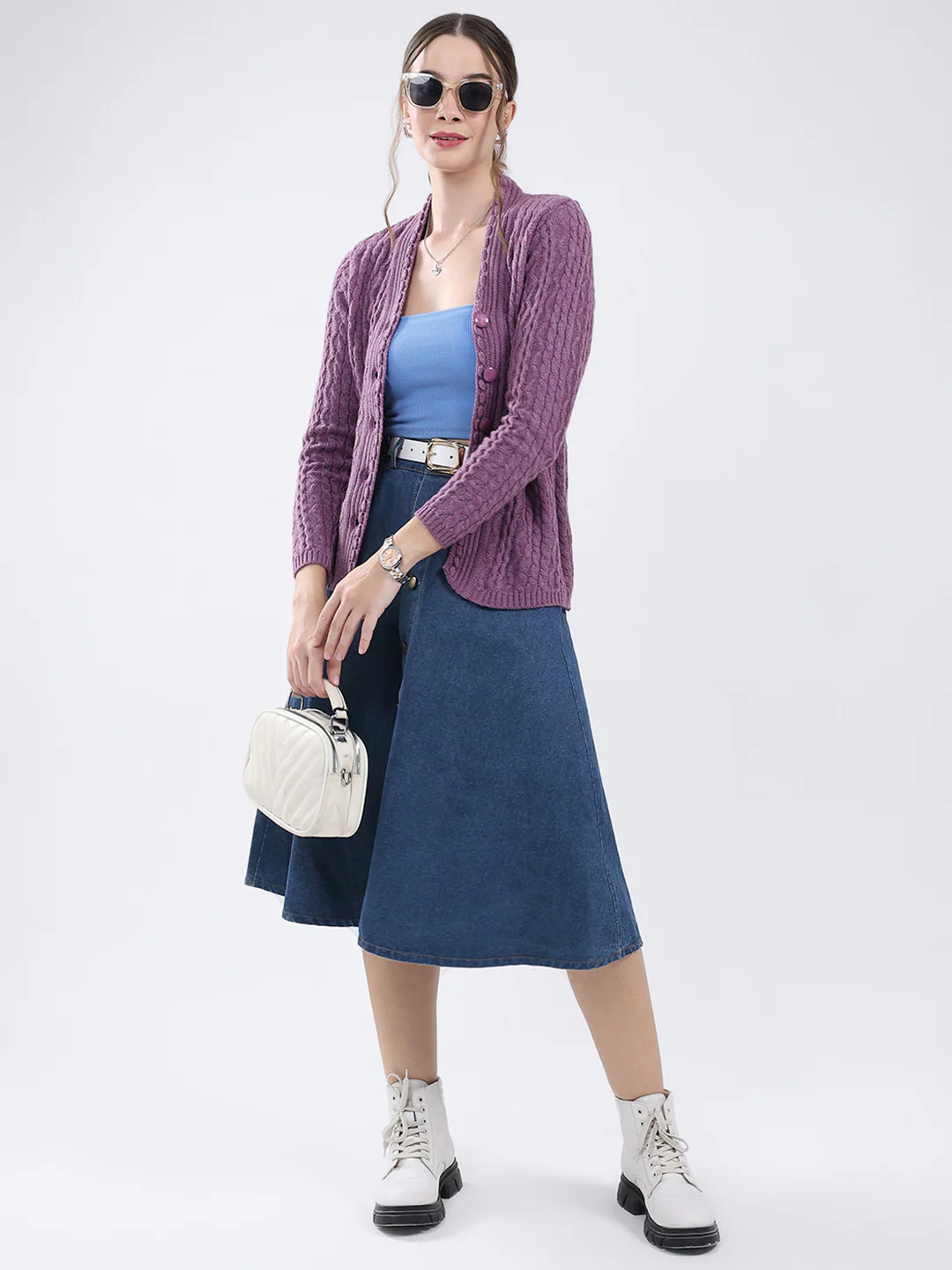 Women Purple Self Design V Neck Full Sleeve Cardigan - Image 2