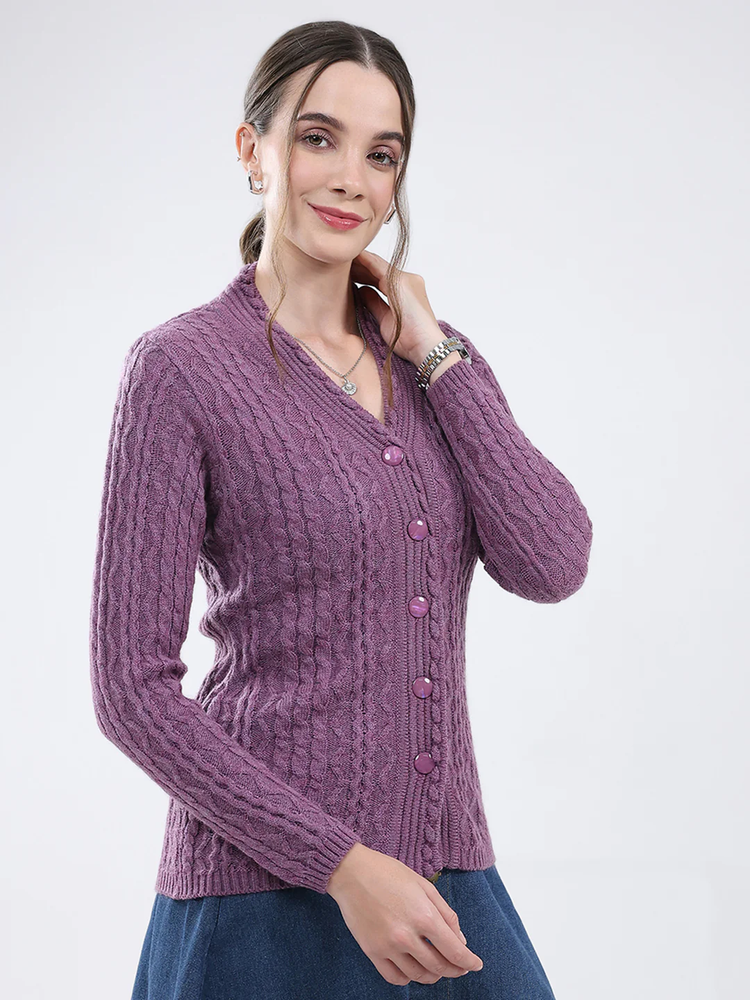 Women Purple Self Design V Neck Full Sleeve Cardigan - Image 4