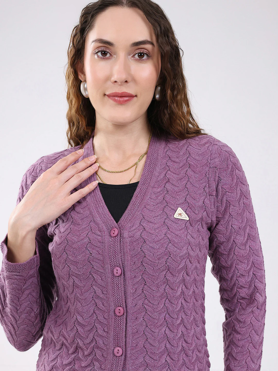 Women Purple Self Design V Neck Full Sleeve Cardigan - Image 6