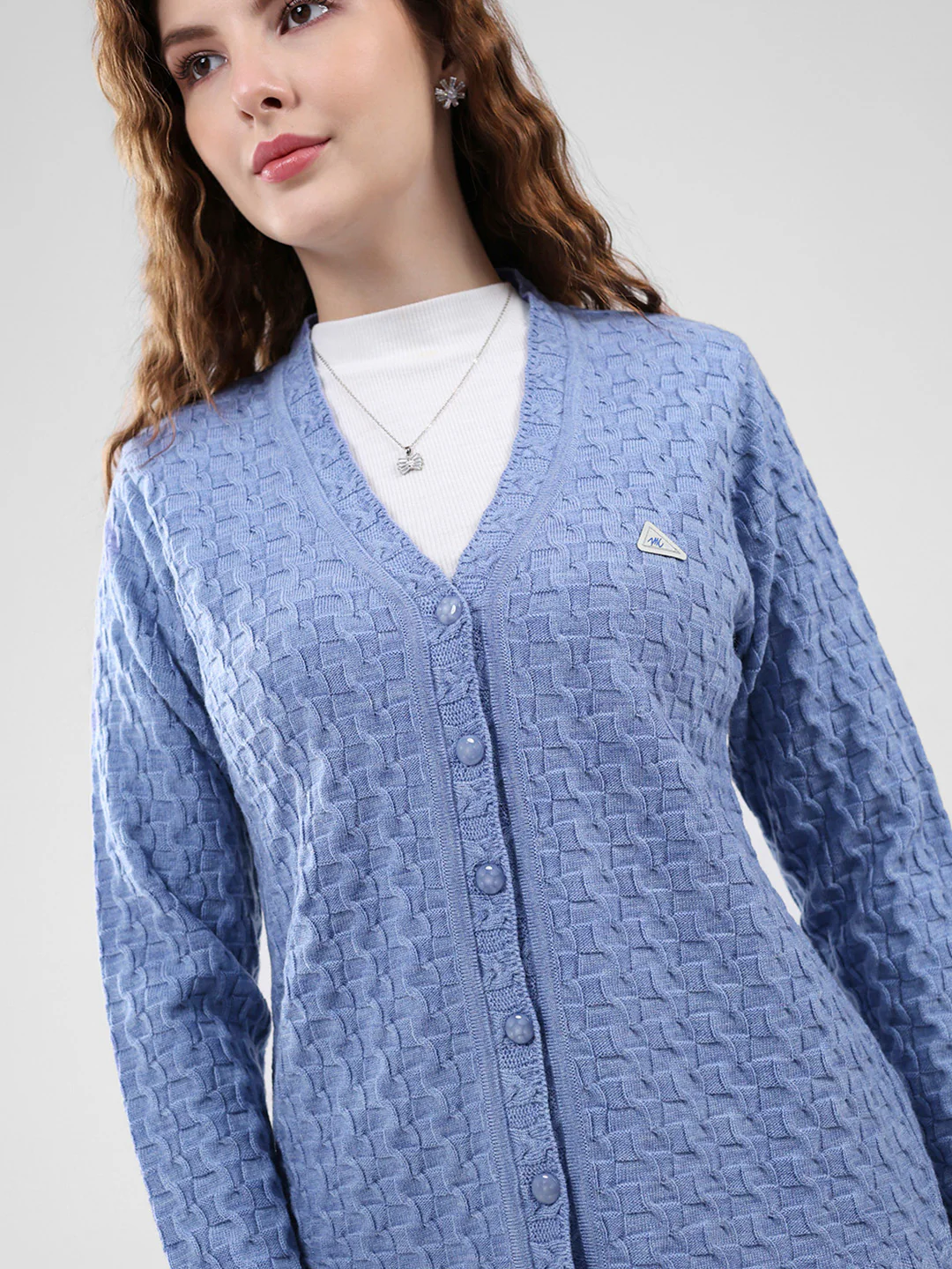 Women Purple Self Design V Neck Full Sleeve Cardigan - Image 6