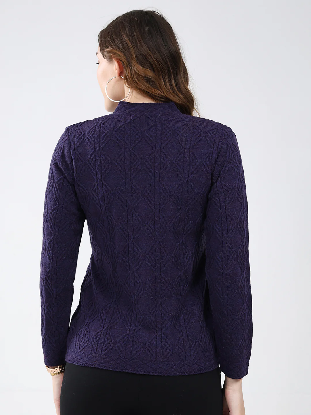Women Purple Self Design V Neck Full Sleeve Cardigan - Image 5