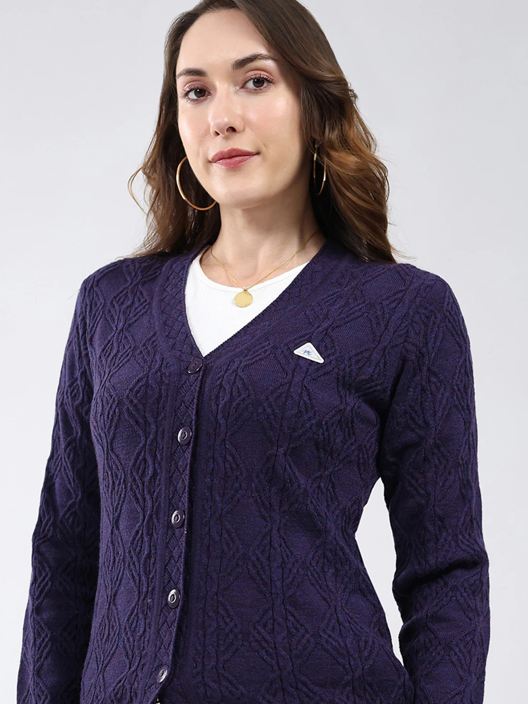 Women Purple Self Design V Neck Full Sleeve Cardigan - Image 7