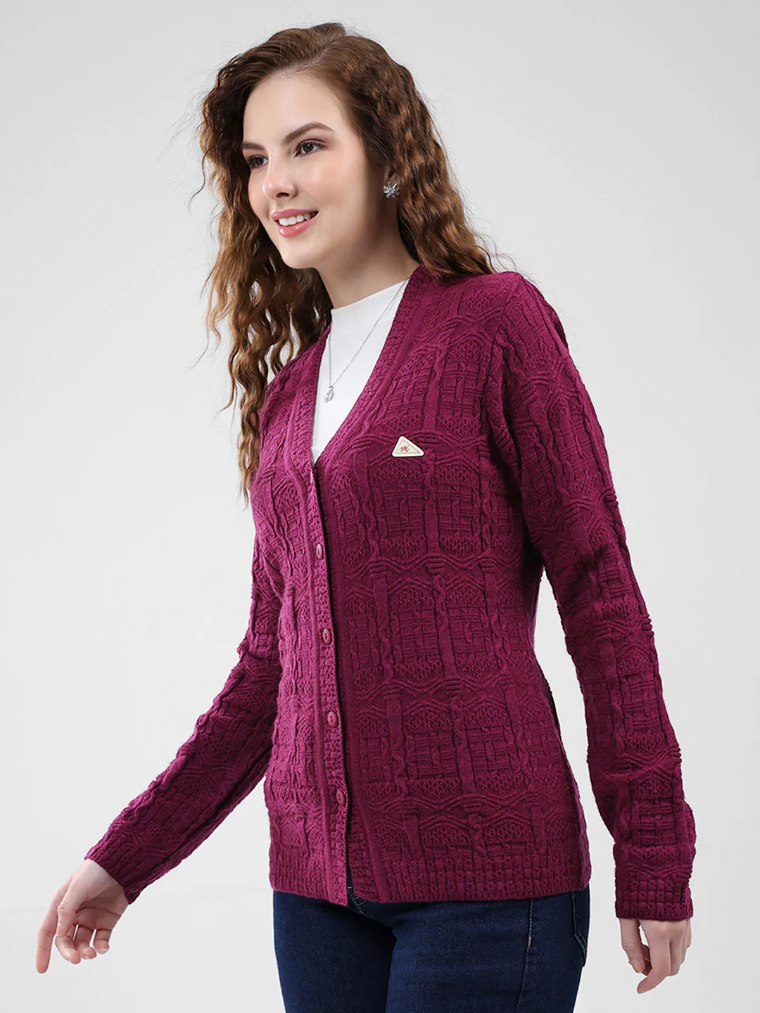 Women Purple Self Design V Neck Full Sleeve Cardigan - Image 3