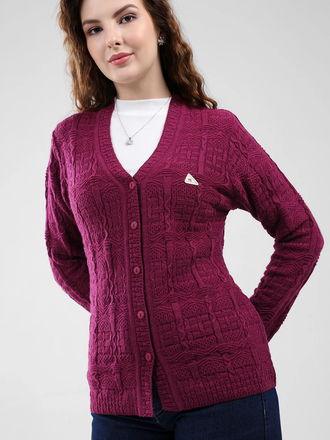 Women Purple Self Design V Neck Full Sleeve Cardigan - Image 6