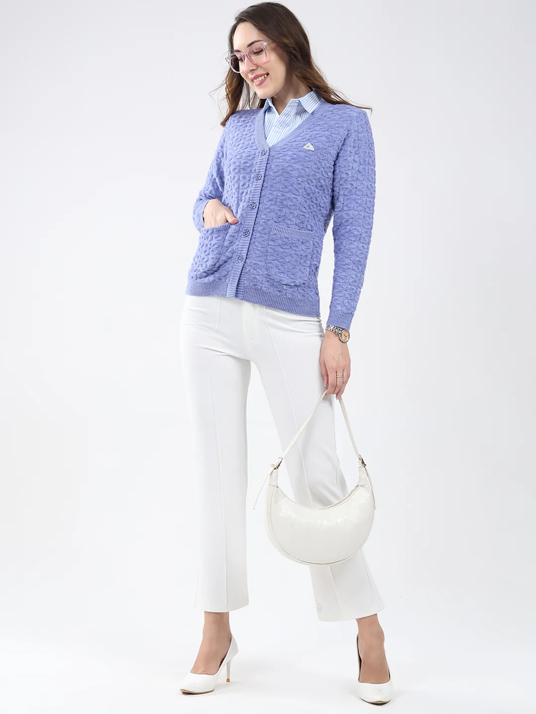 Women Purple Self Design V Neck Full Sleeve Cardigan - Image 2