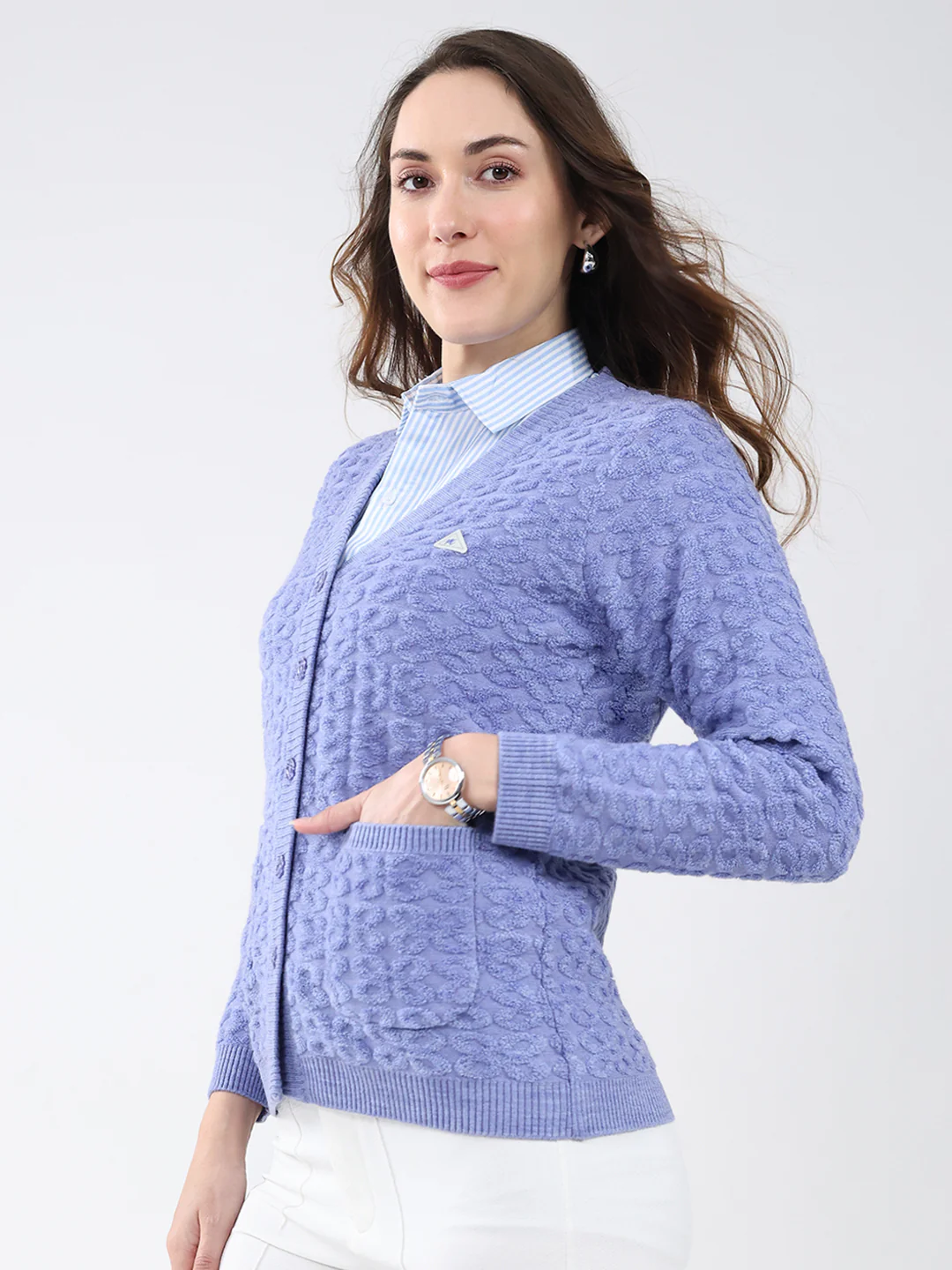 Women Purple Self Design V Neck Full Sleeve Cardigan - Image 3
