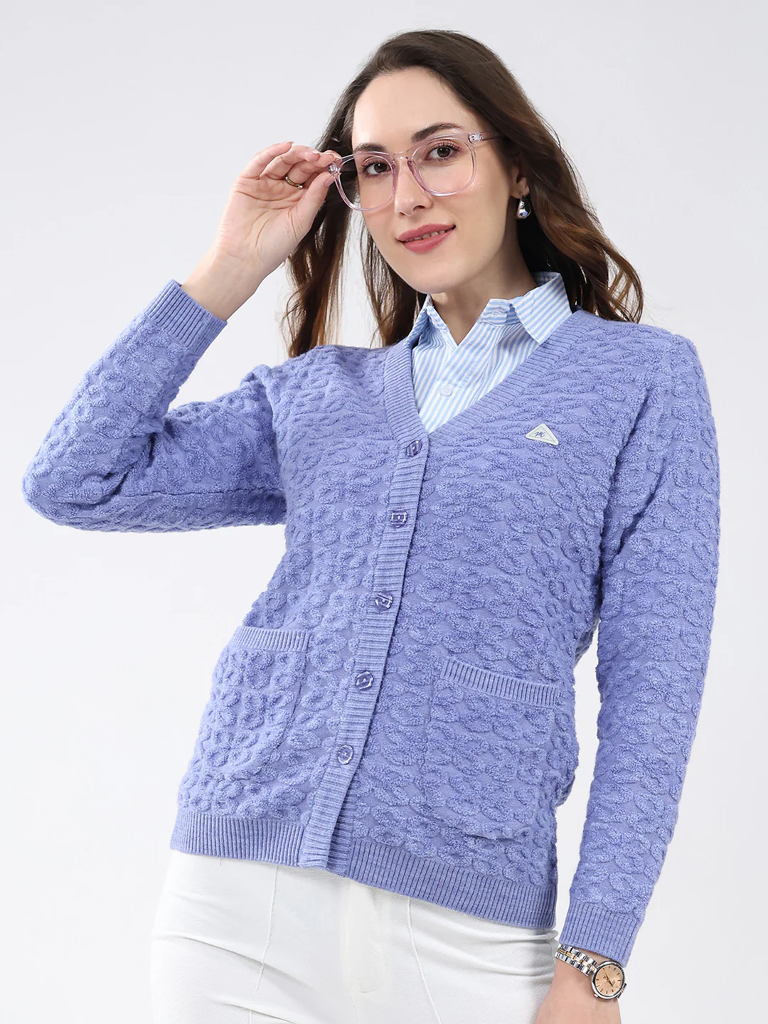 Women Purple Self Design V Neck Full Sleeve Cardigan - Image 6