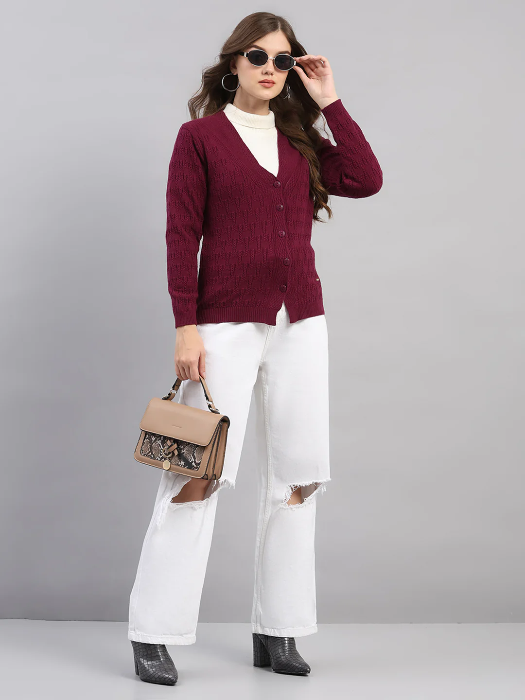 Women Purple Self Design V Neck Full Sleeve Cardigan - Image 2