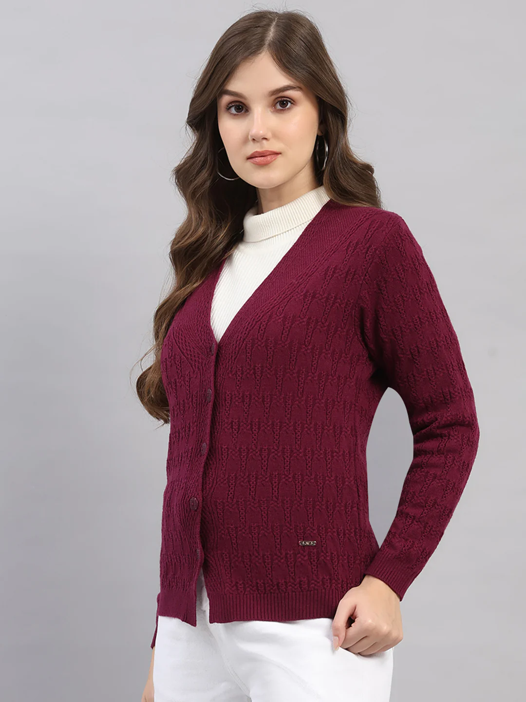 Women Purple Self Design V Neck Full Sleeve Cardigan - Image 3