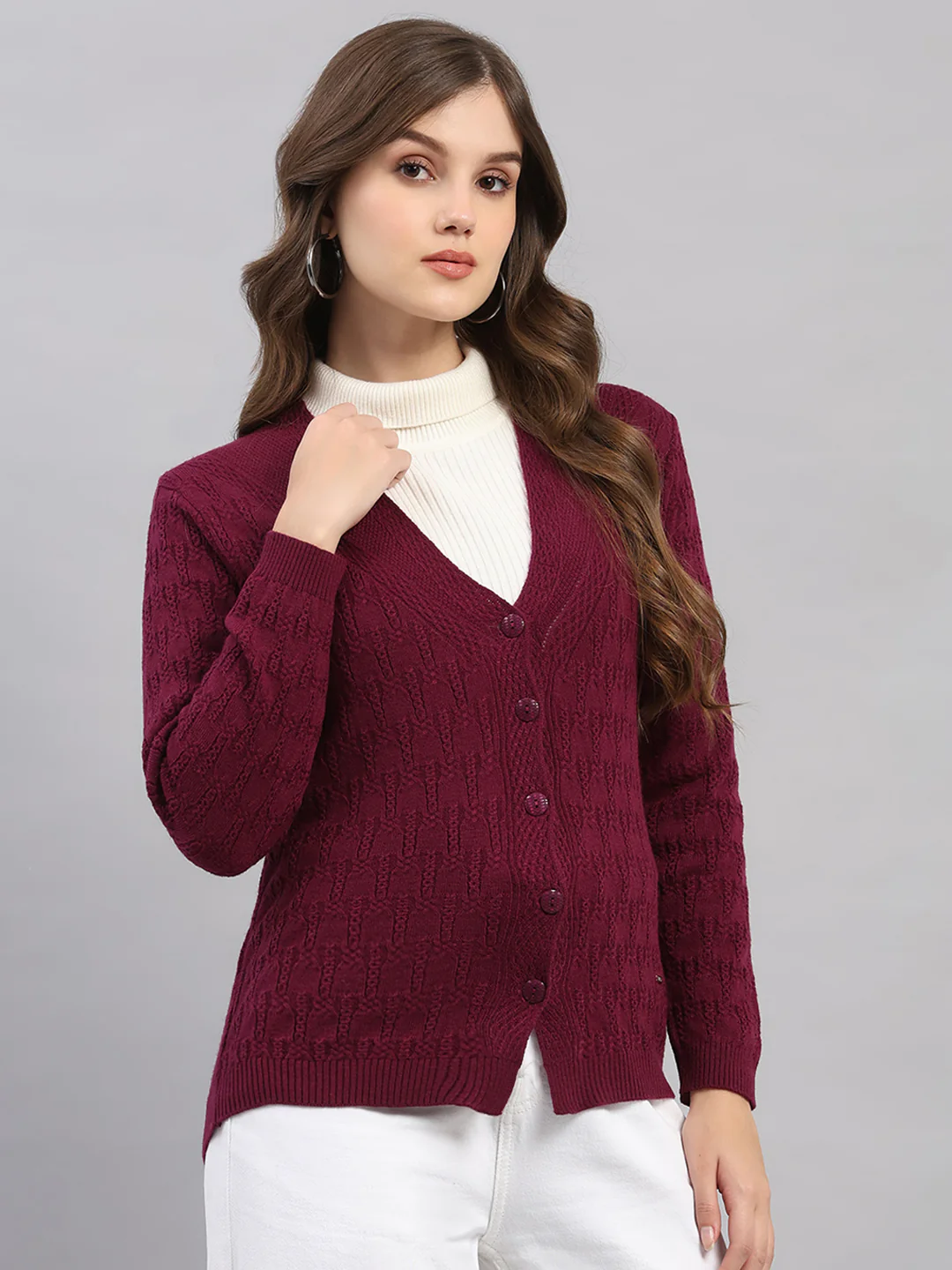 Women Purple Self Design V Neck Full Sleeve Cardigan - Image 4