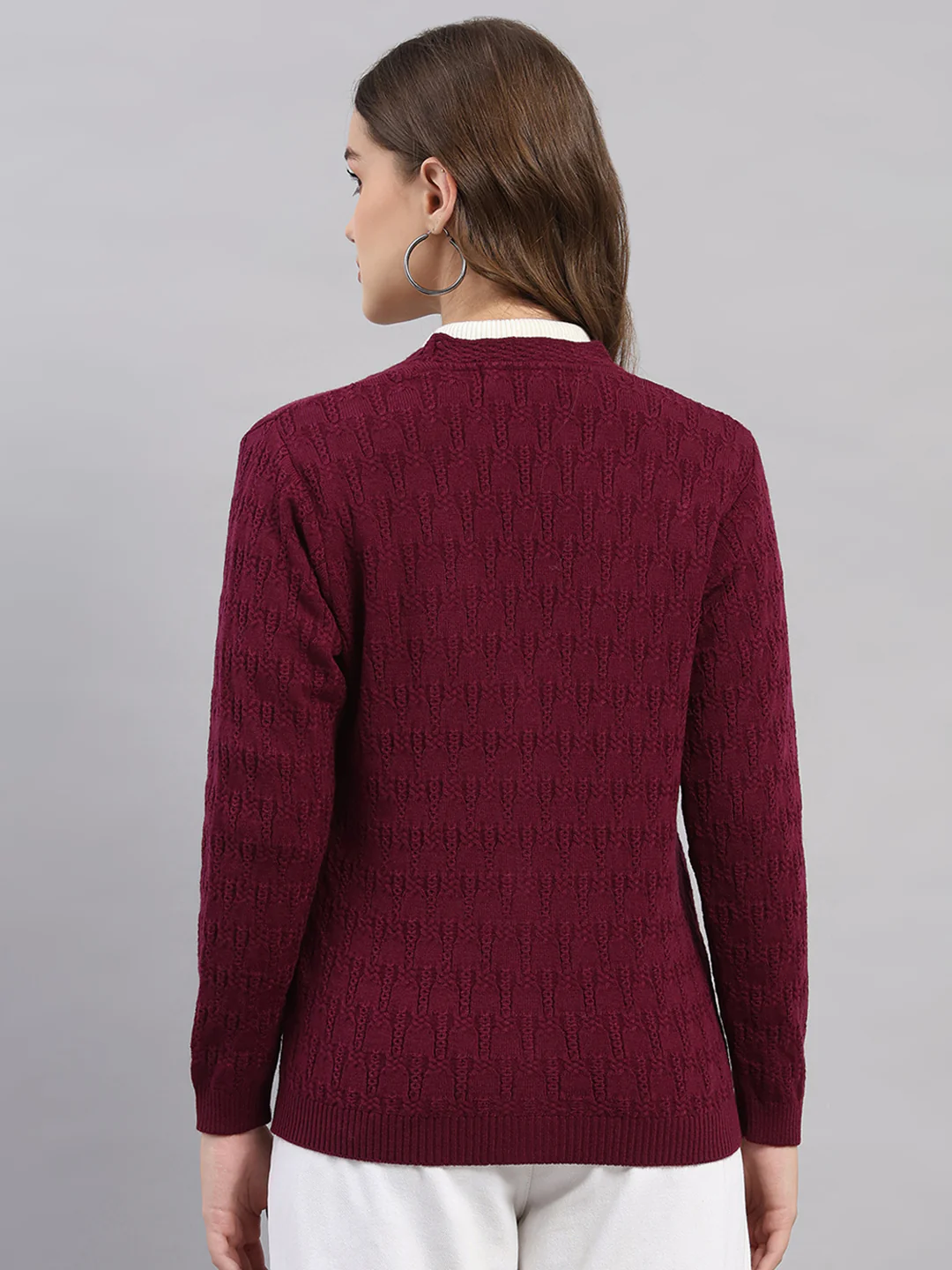 Women Purple Self Design V Neck Full Sleeve Cardigan - Image 5