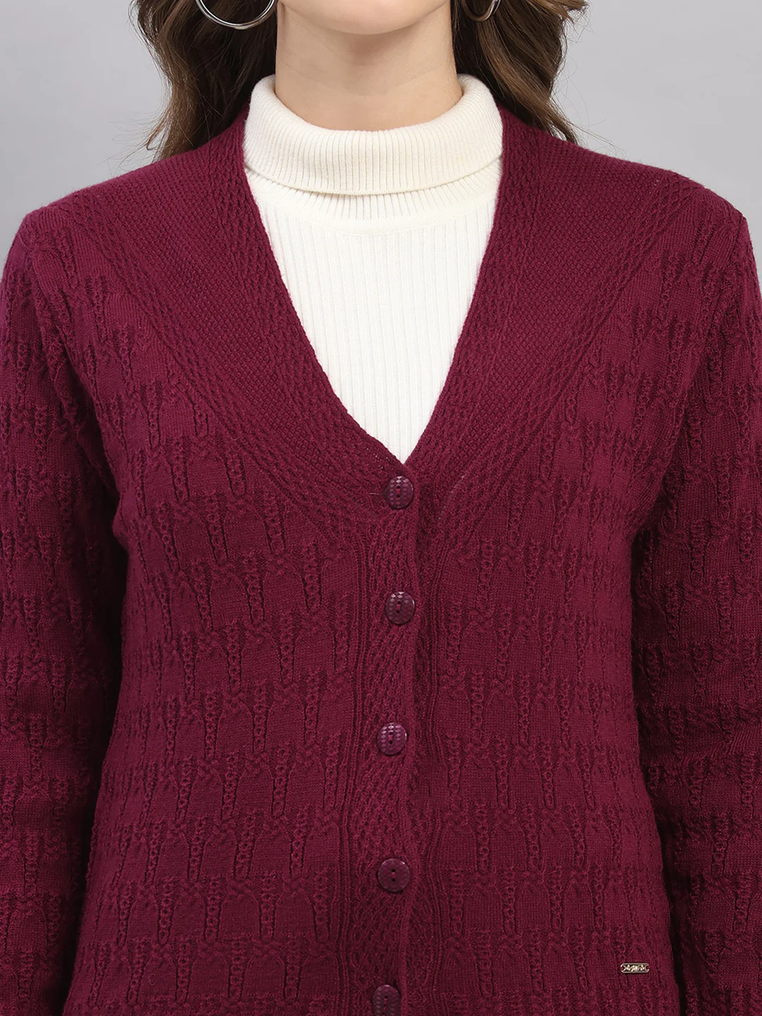 Women Purple Self Design V Neck Full Sleeve Cardigan - Image 7