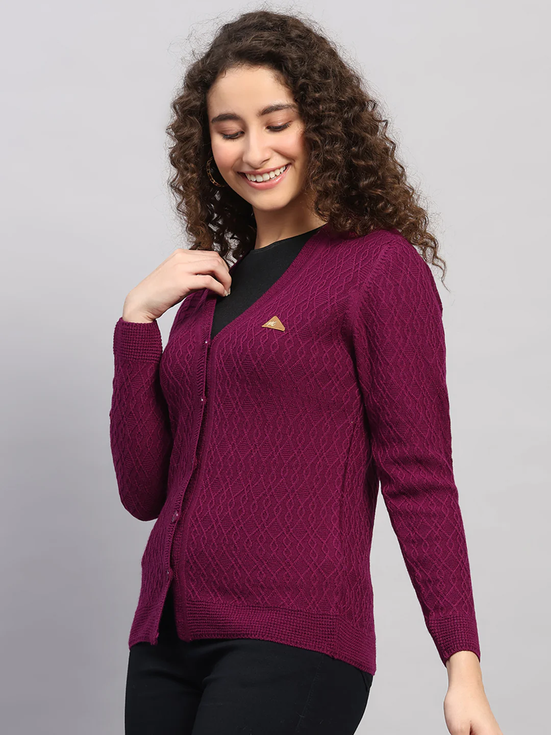 Women Purple Self Design V Neck Full Sleeve Cardigan - Image 3
