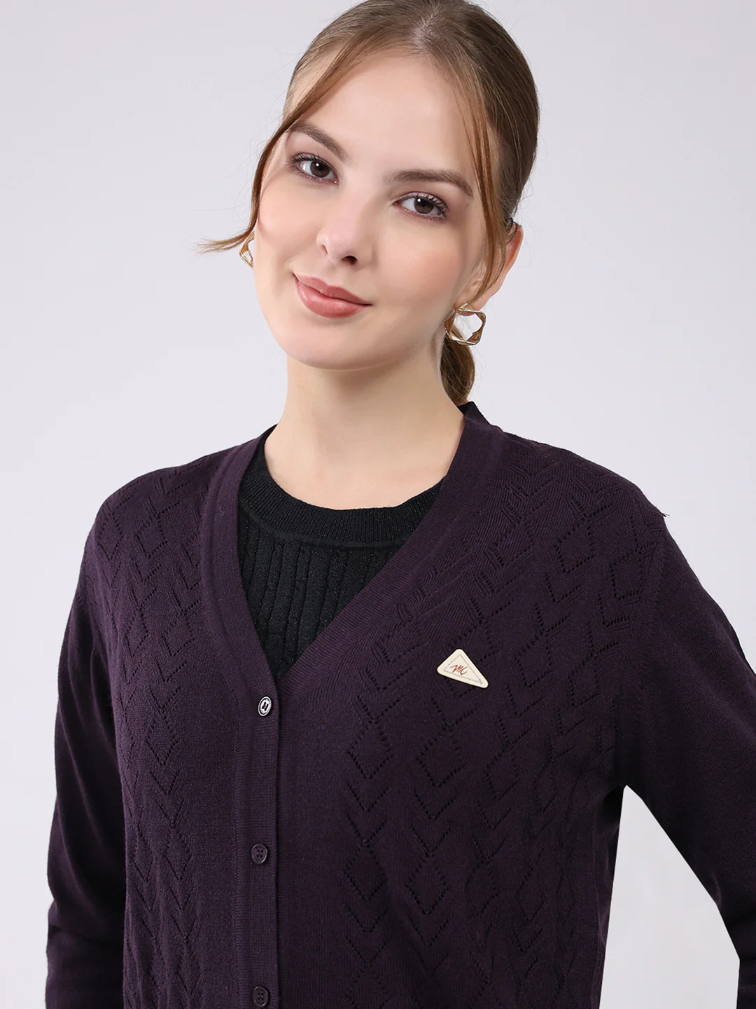 Women Purple Self Design V Neck Full Sleeve Cardigan - Image 7