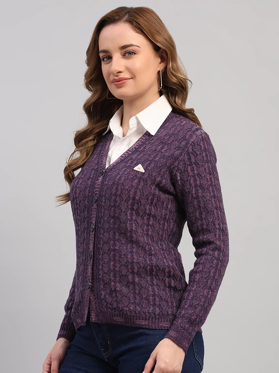 Women Purple Self Design V Neck Full Sleeve Cardigan - Image 3