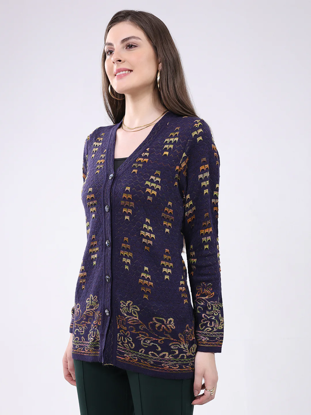 Women Purple Self Design V Neck Full Sleeve Cardigan - Image 3