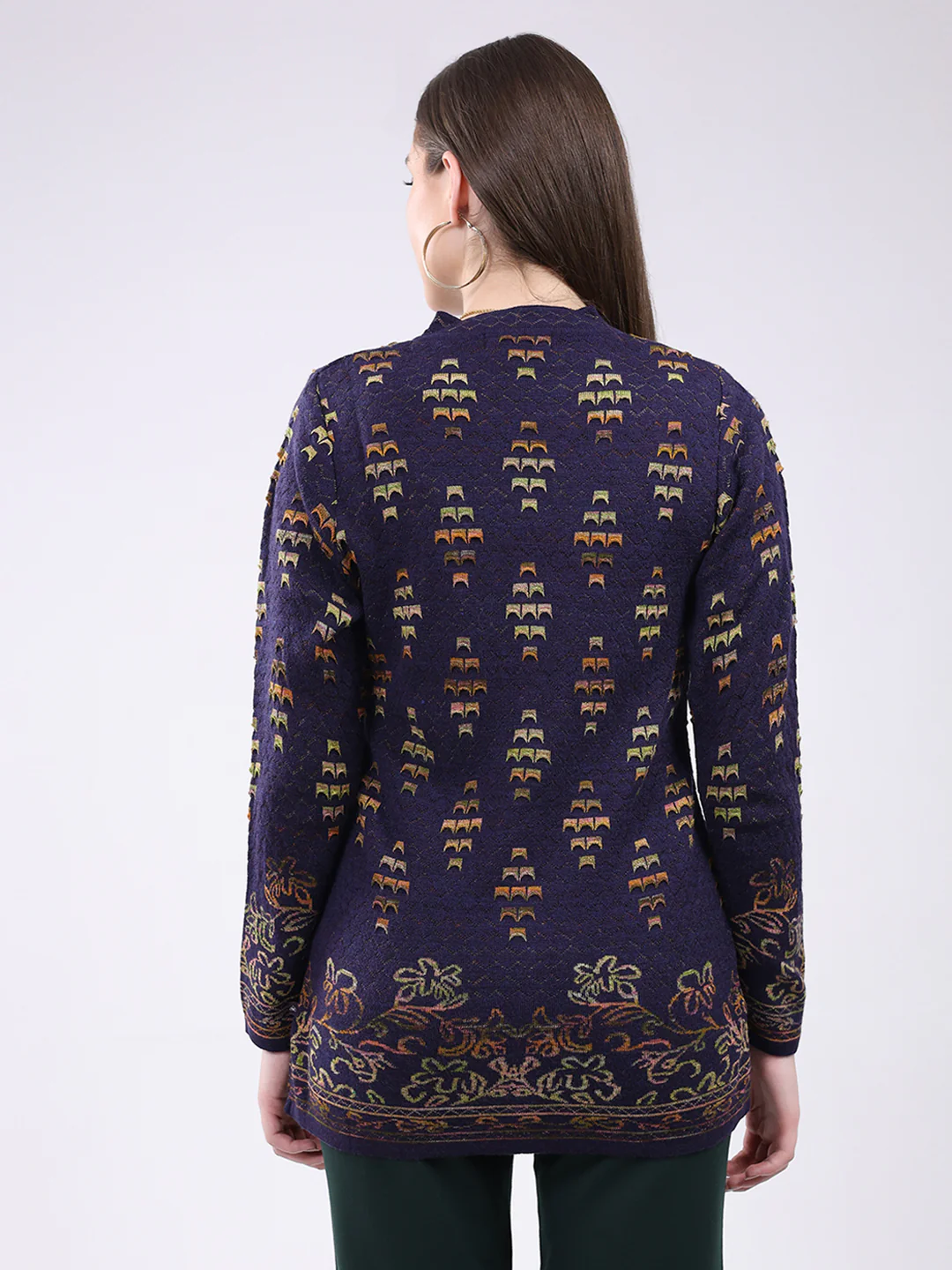 Women Purple Self Design V Neck Full Sleeve Cardigan - Image 5