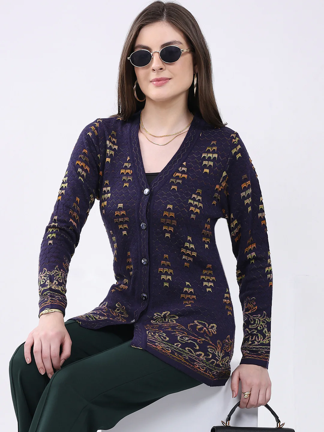 Women Purple Self Design V Neck Full Sleeve Cardigan - Image 6