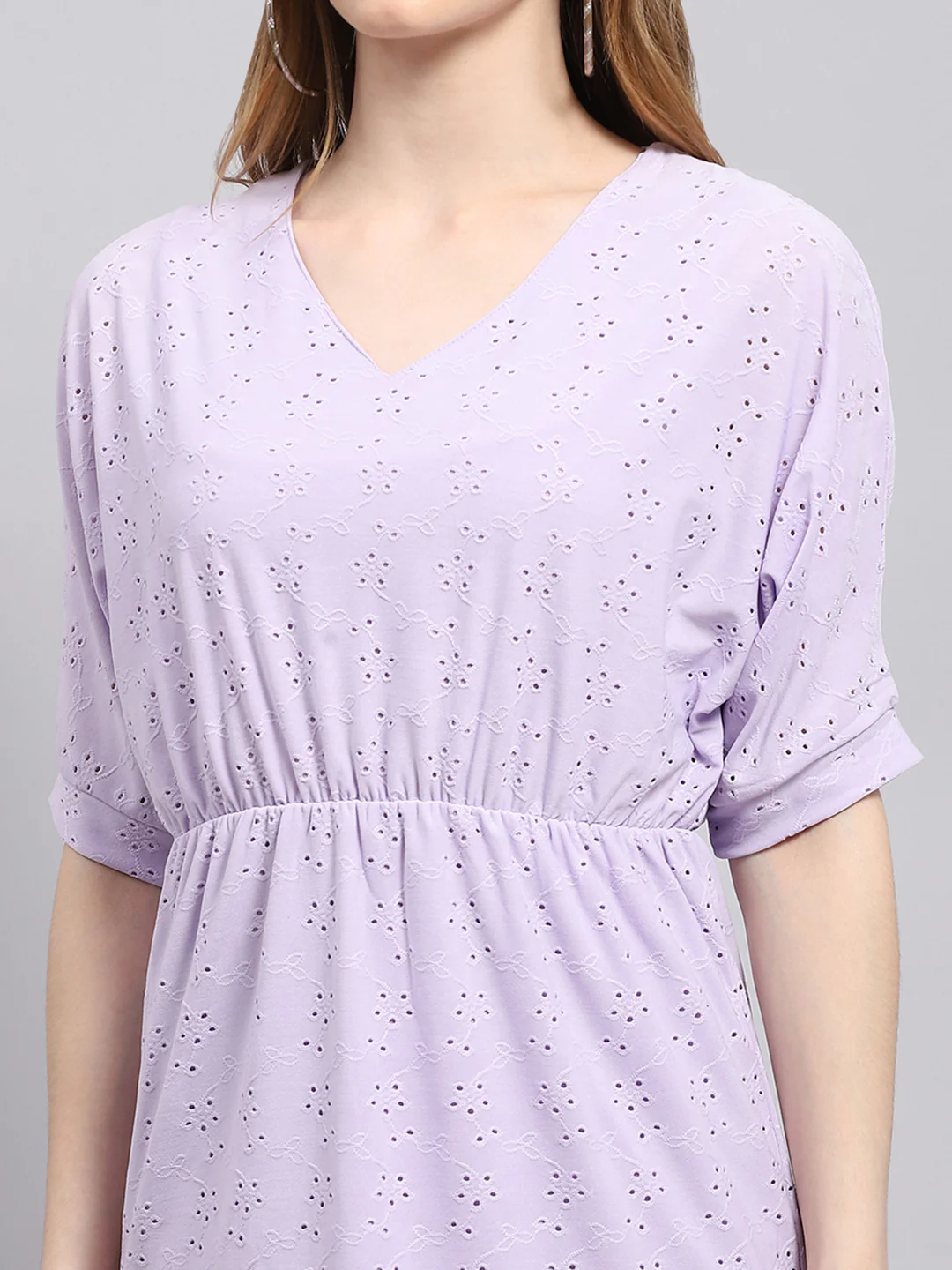 Women Purple Self Design V Neck Half Sleeve Tunic - Image 6