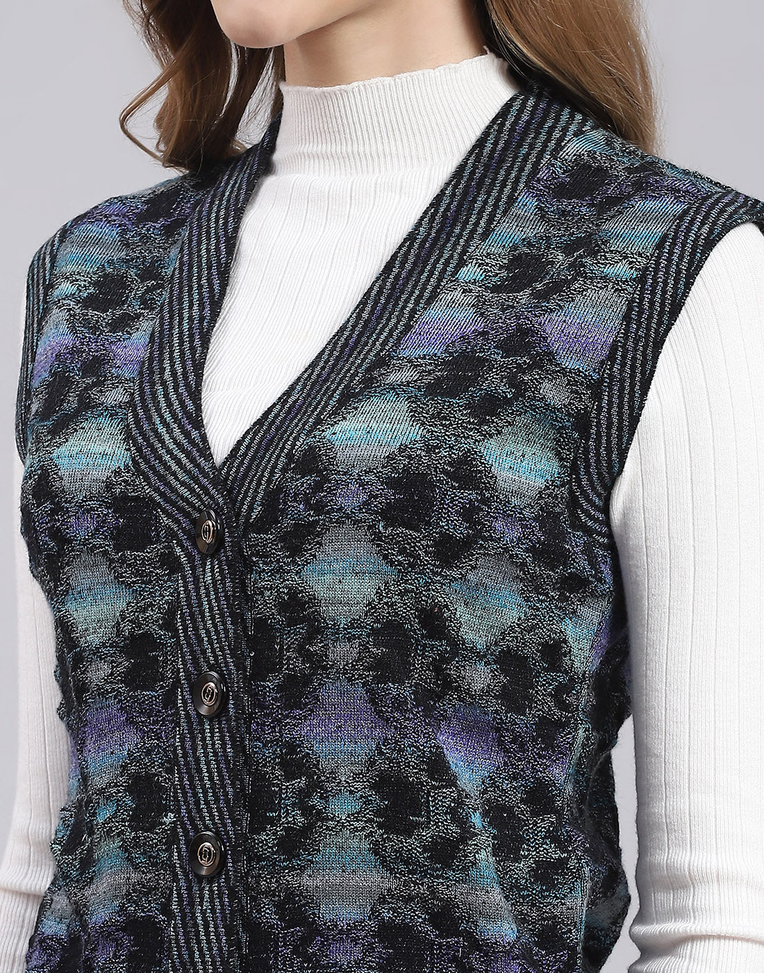 Women Purple Self Design V Neck Sleeveless Cardigan - Image 6