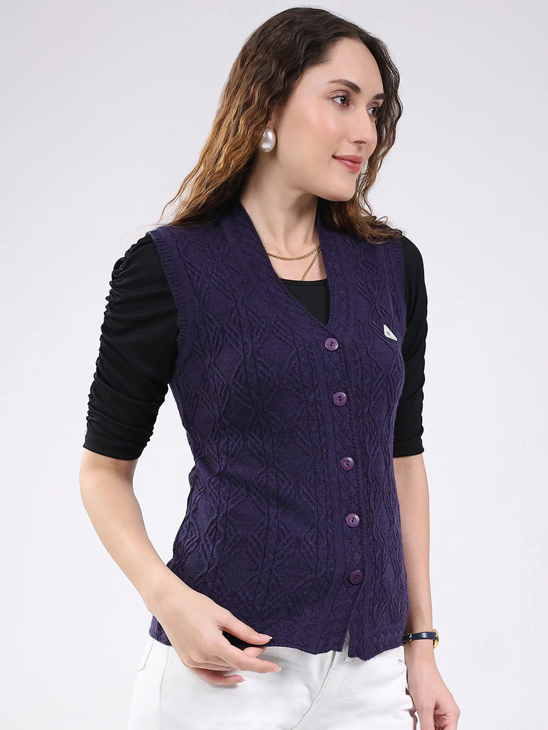 Women Purple Self Design V Neck Sleeveless Cardigan - Image 4
