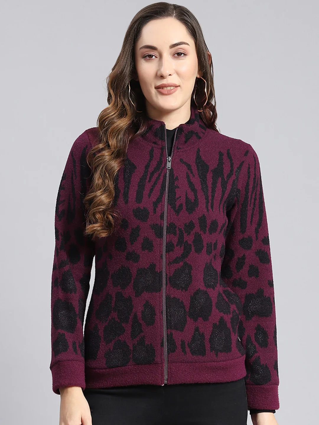 Women Purple Self Design F Neck Full Sleeve Sweatshirts - Image 3
