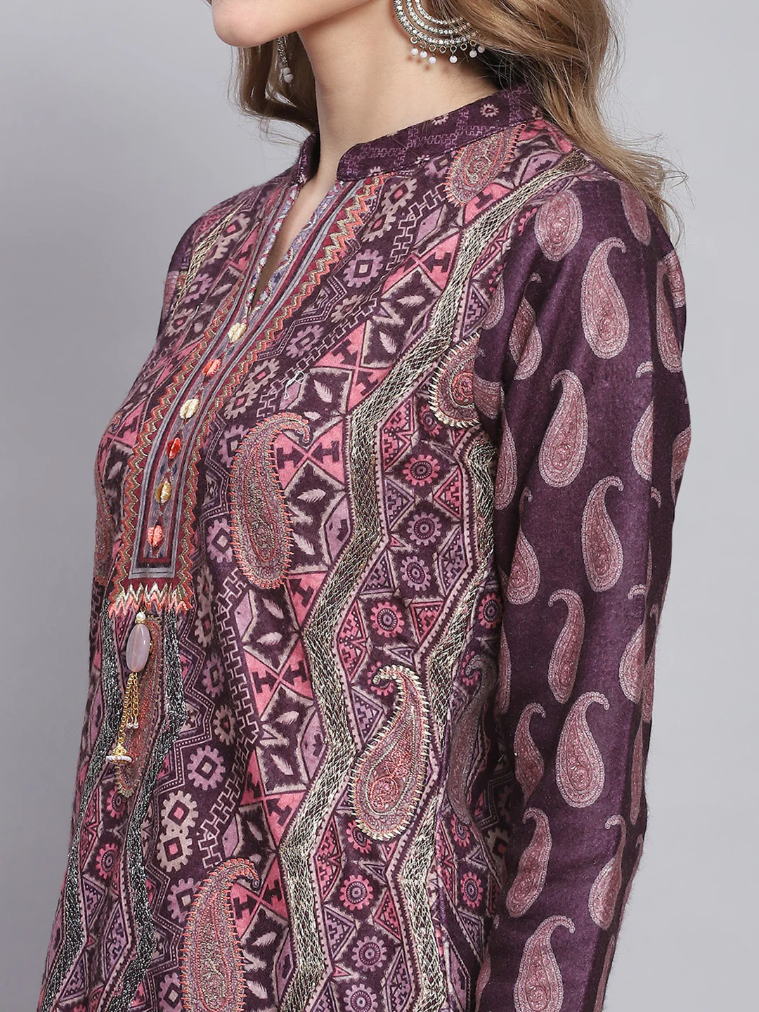 Women Purple Self Design Mandarin Collar Full Sleeve Kurtis Set - Image 6