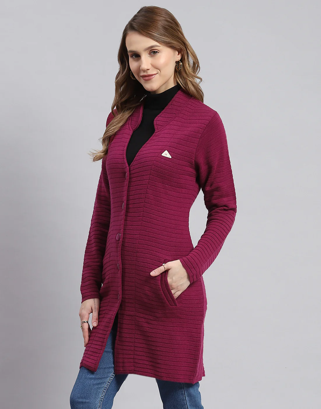 Women Purple Self Design Round Neck Full Sleeve Cardigans - Image 3
