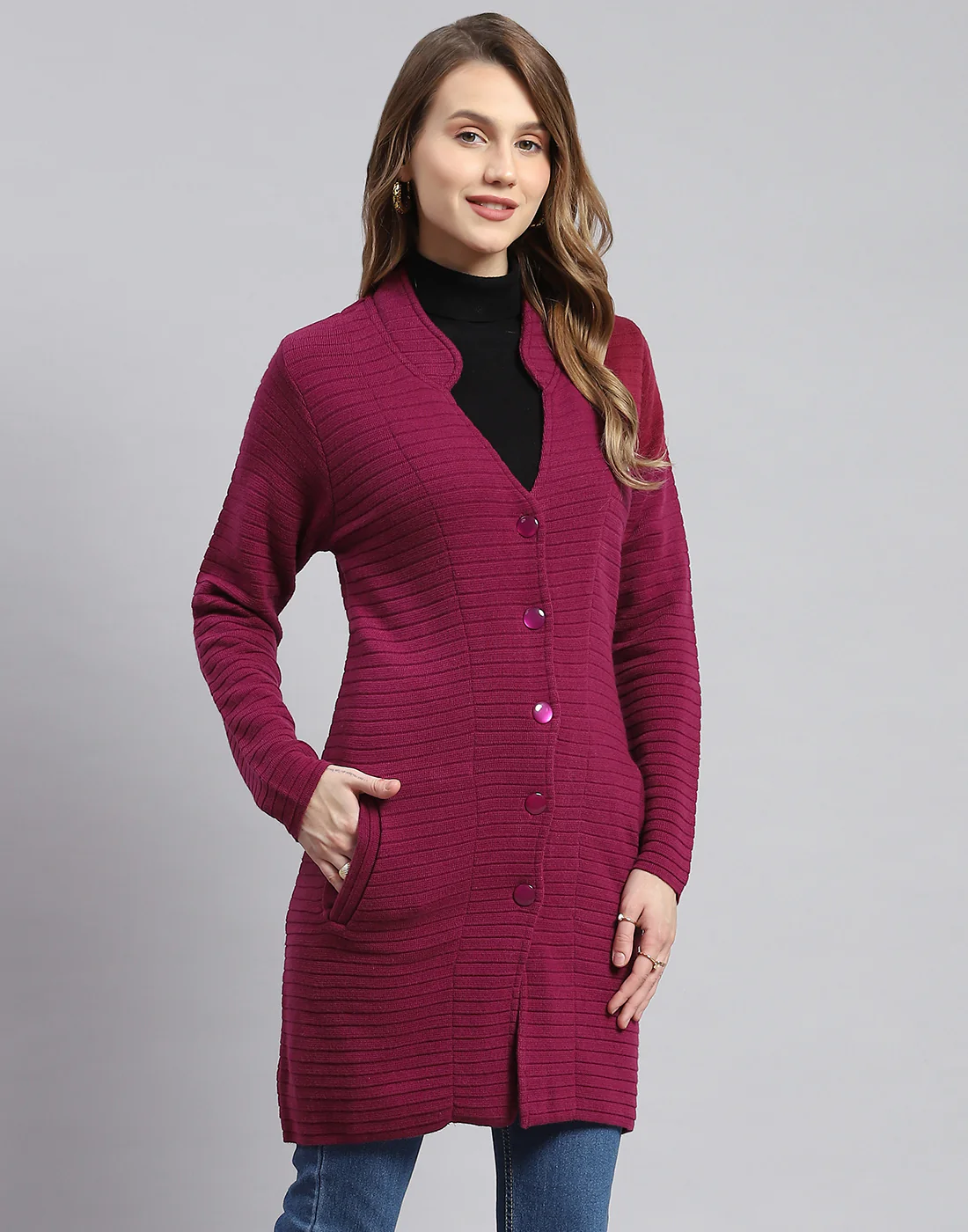 Women Purple Self Design Round Neck Full Sleeve Cardigans - Image 4