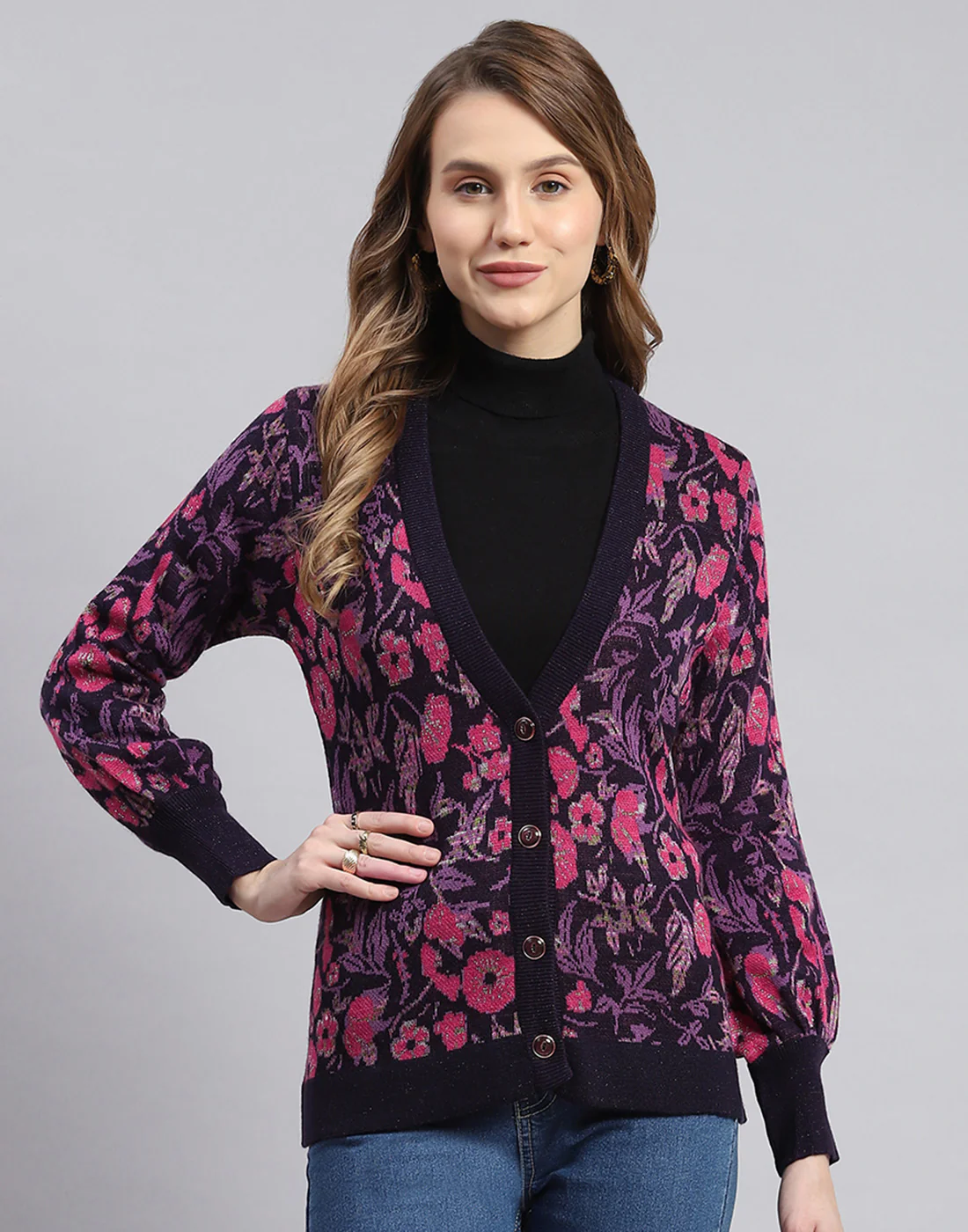 Women Purple Self Design V Neck Full Sleeve Cardigans - Image 2