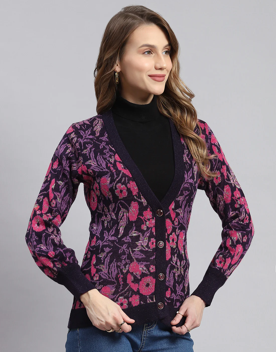 Women Purple Self Design V Neck Full Sleeve Cardigans - Image 5