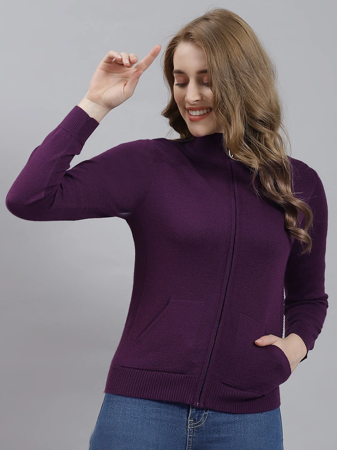 Women Purple Solid Cardigan - Image 2