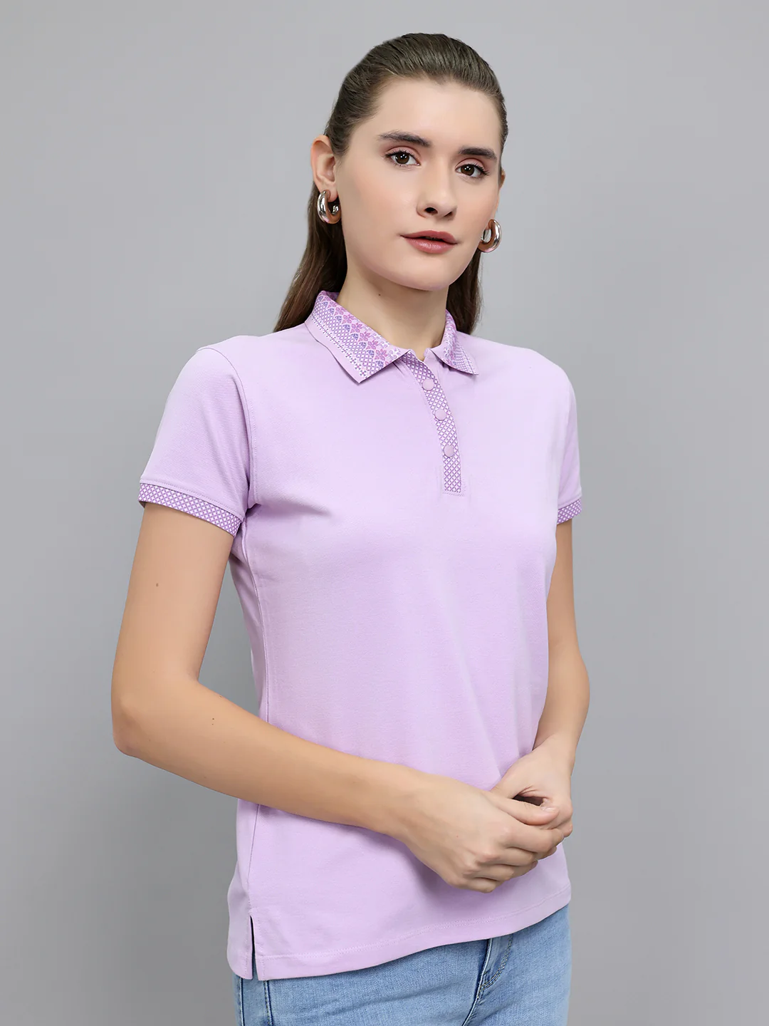 Women Purple Solid Collar Half Sleeve T-Shirt - Image 3