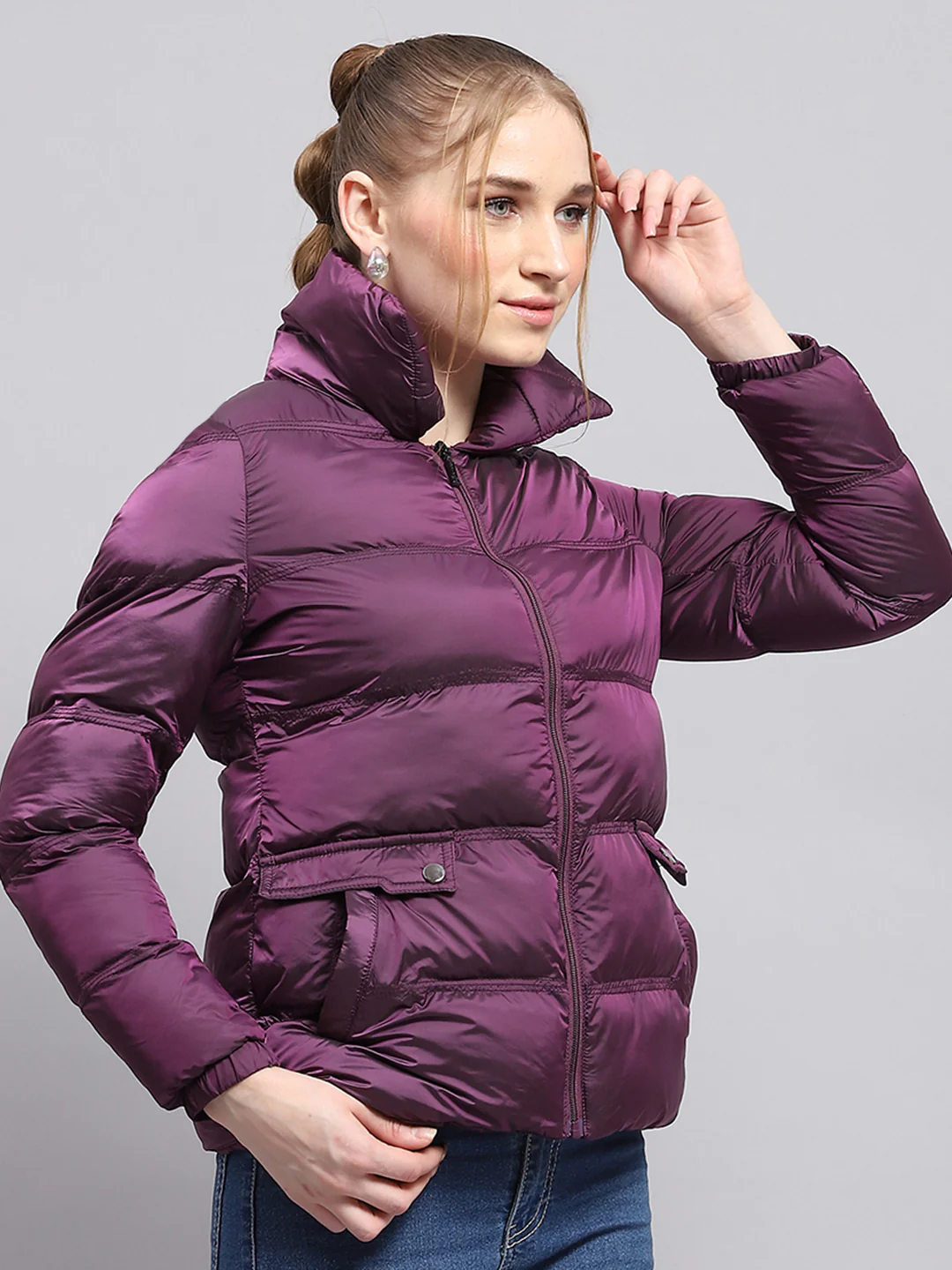 Women Purple Solid High Neck Full Sleeve Jacket - Image 4