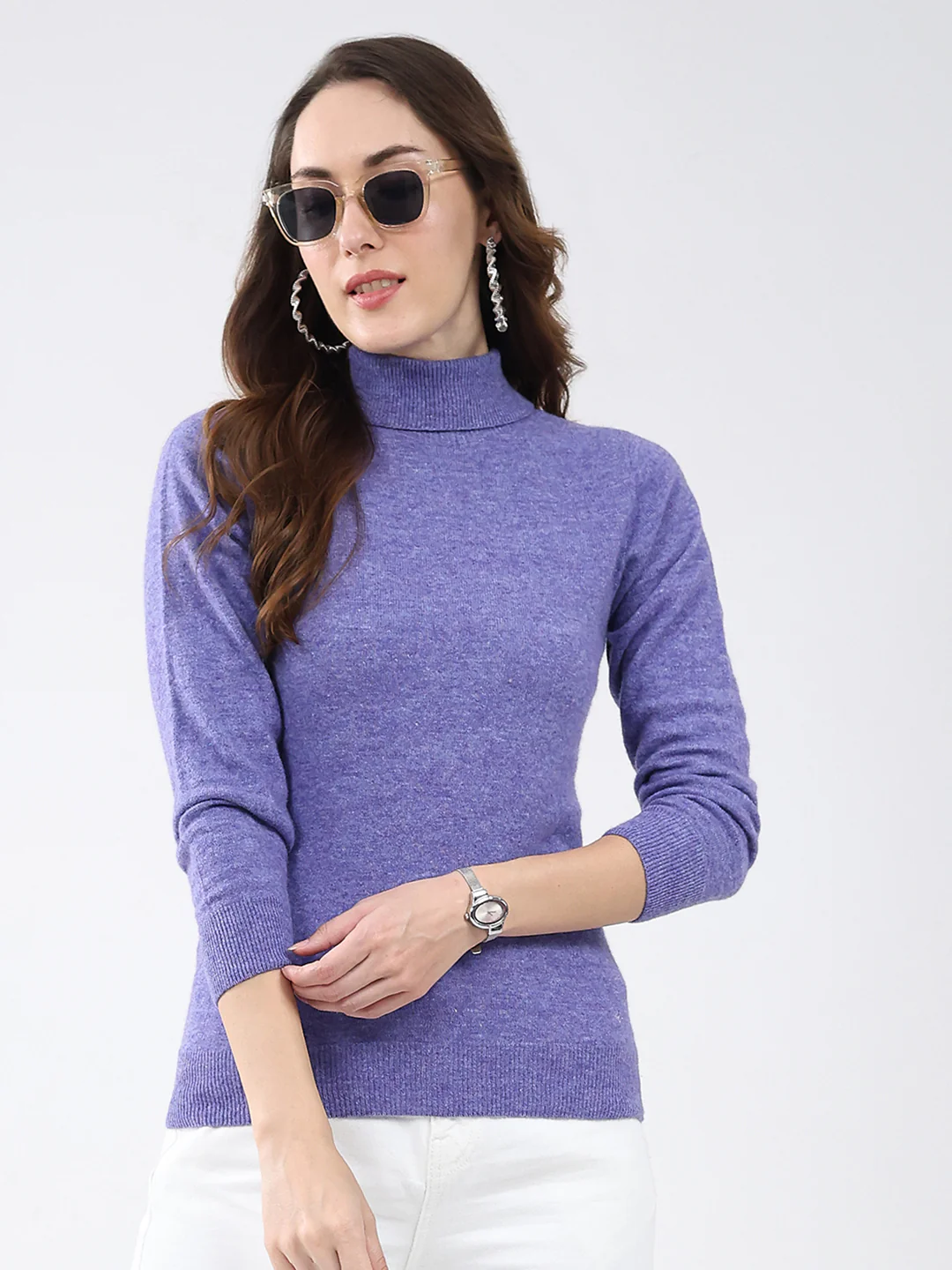 Women Purple Solid High Neck Full Sleeve Winter Top - Image 6